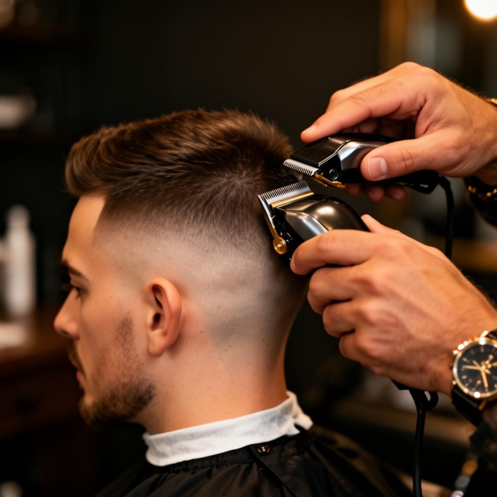 Barber giving a fade haircut